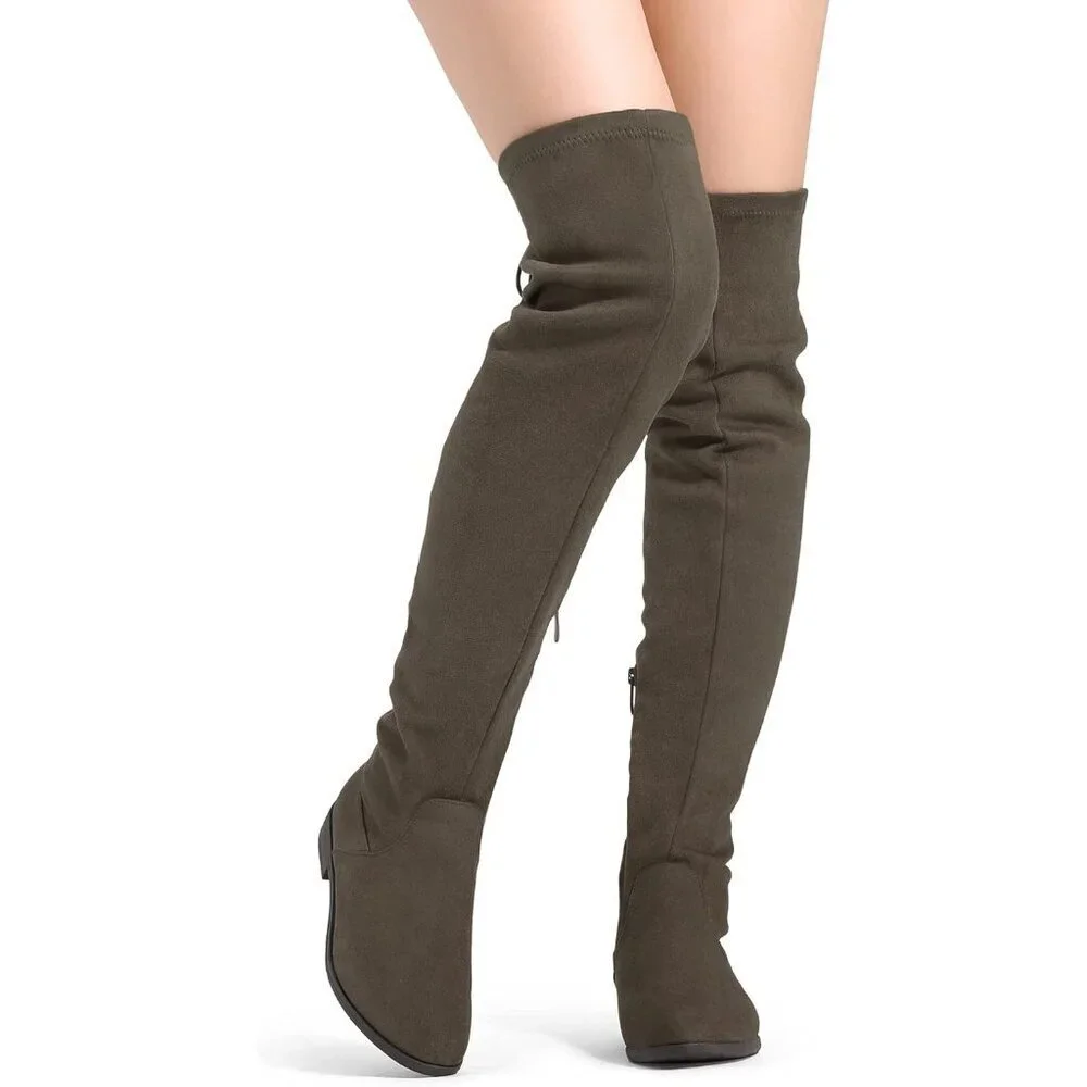 Women's Khaki Textile Suede Over The Knee Thigh High Winter Riding Boots